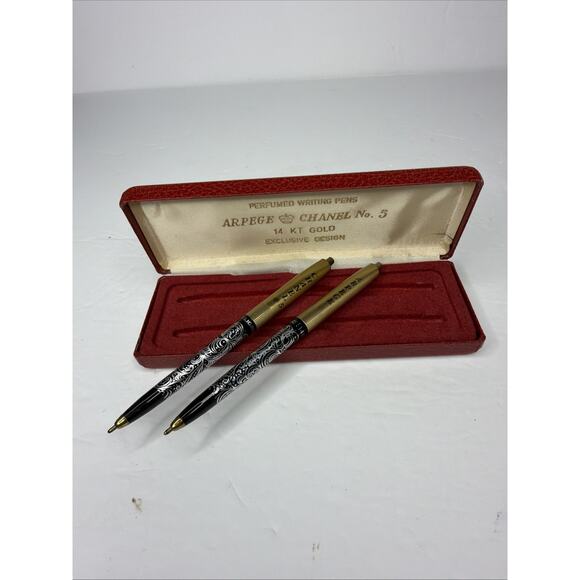 Chanel No. 5 Arpege 14kt Gold Filigree Ballpoint 2 Pen Set Writing Vintage Gift - Picture 2 of 7